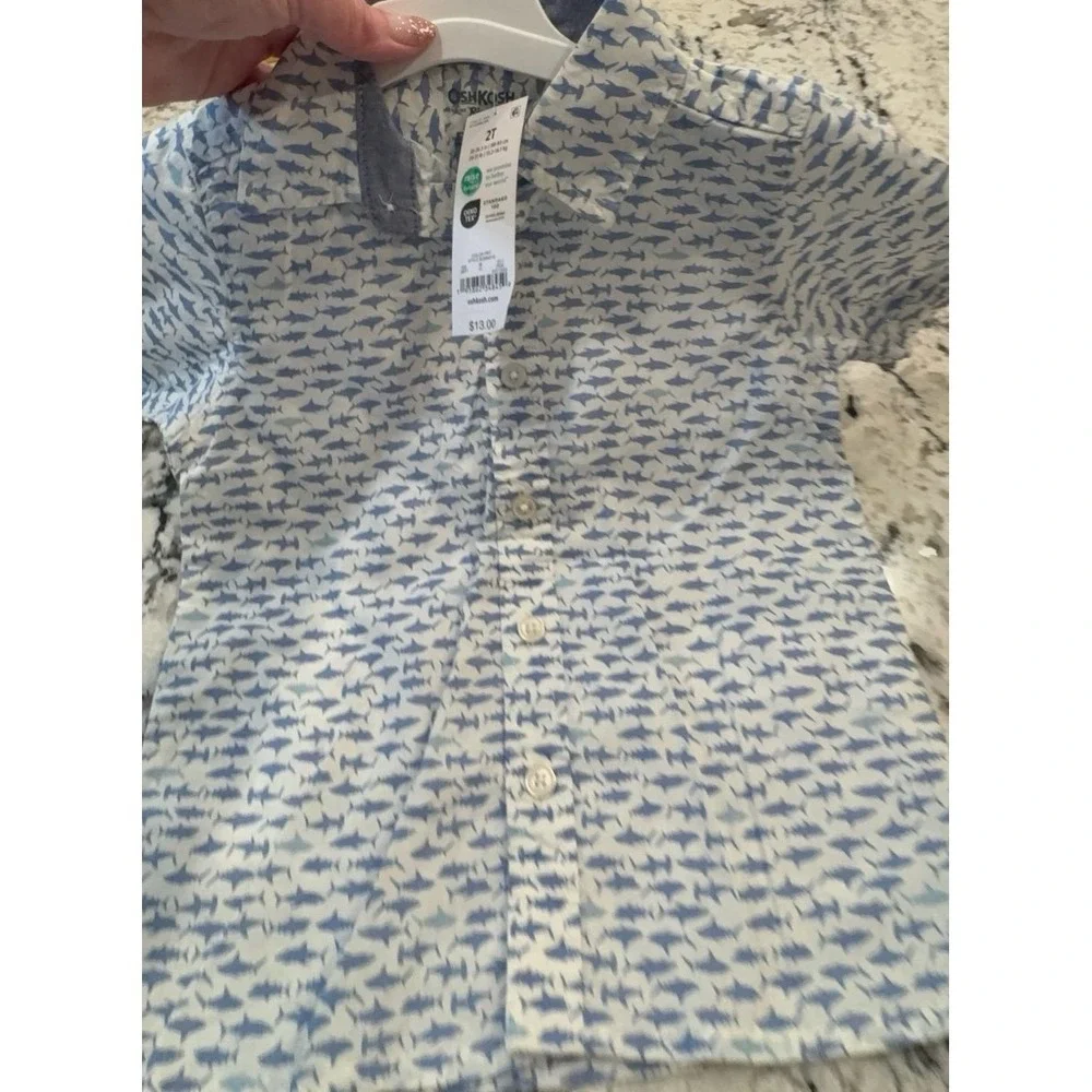 NEW toddler boys size 2T Osh Kosh B'Gosh white with blue sharks collared button